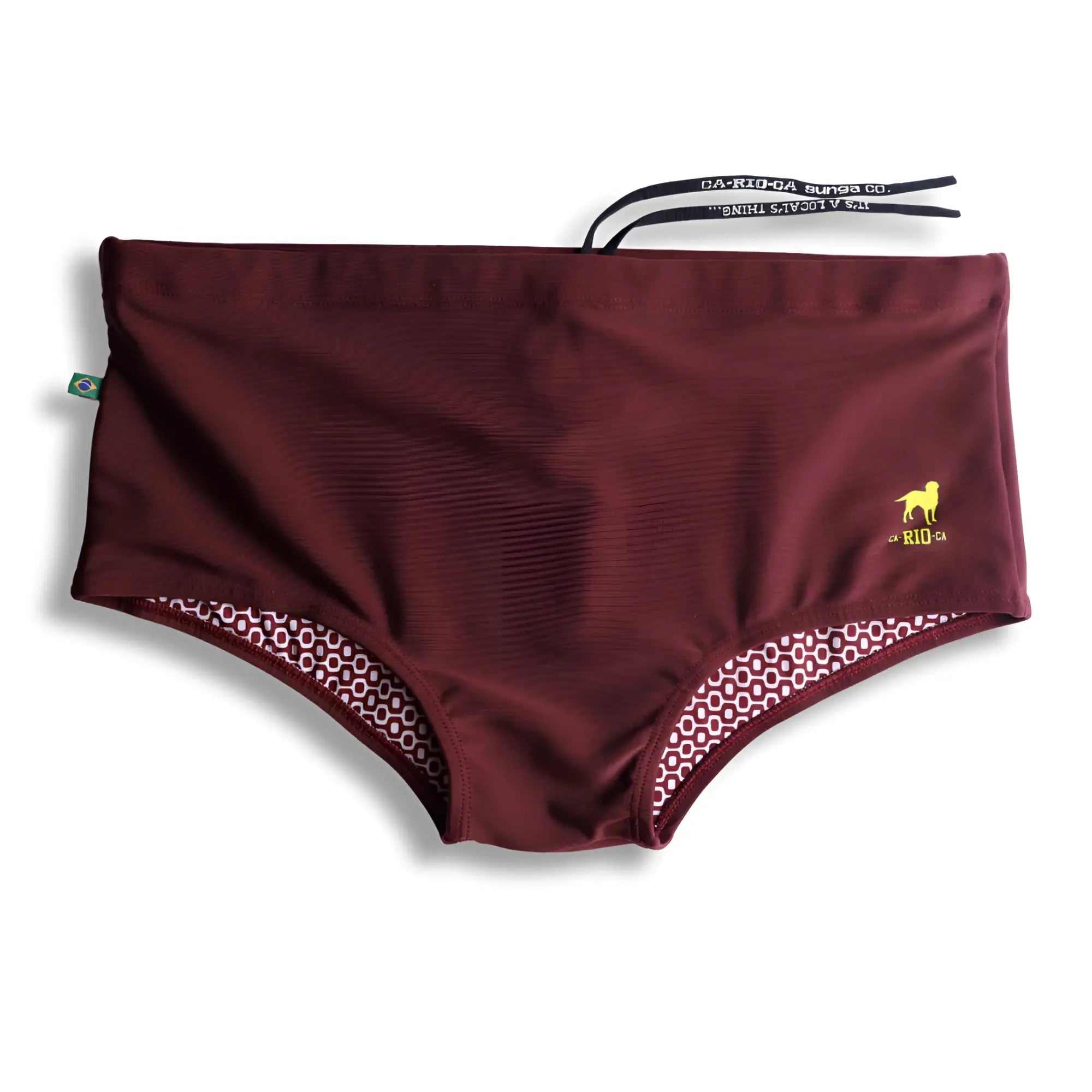 Barolo burgundy solids men’s swimming sunga featuring maroon swim trunks with yellow dog logo and geometric lining