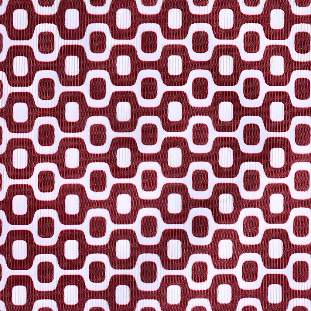 Barolo burgundy solids men’s swimming sunga featuring red and white geometric patterned fabric with interlocking ovals