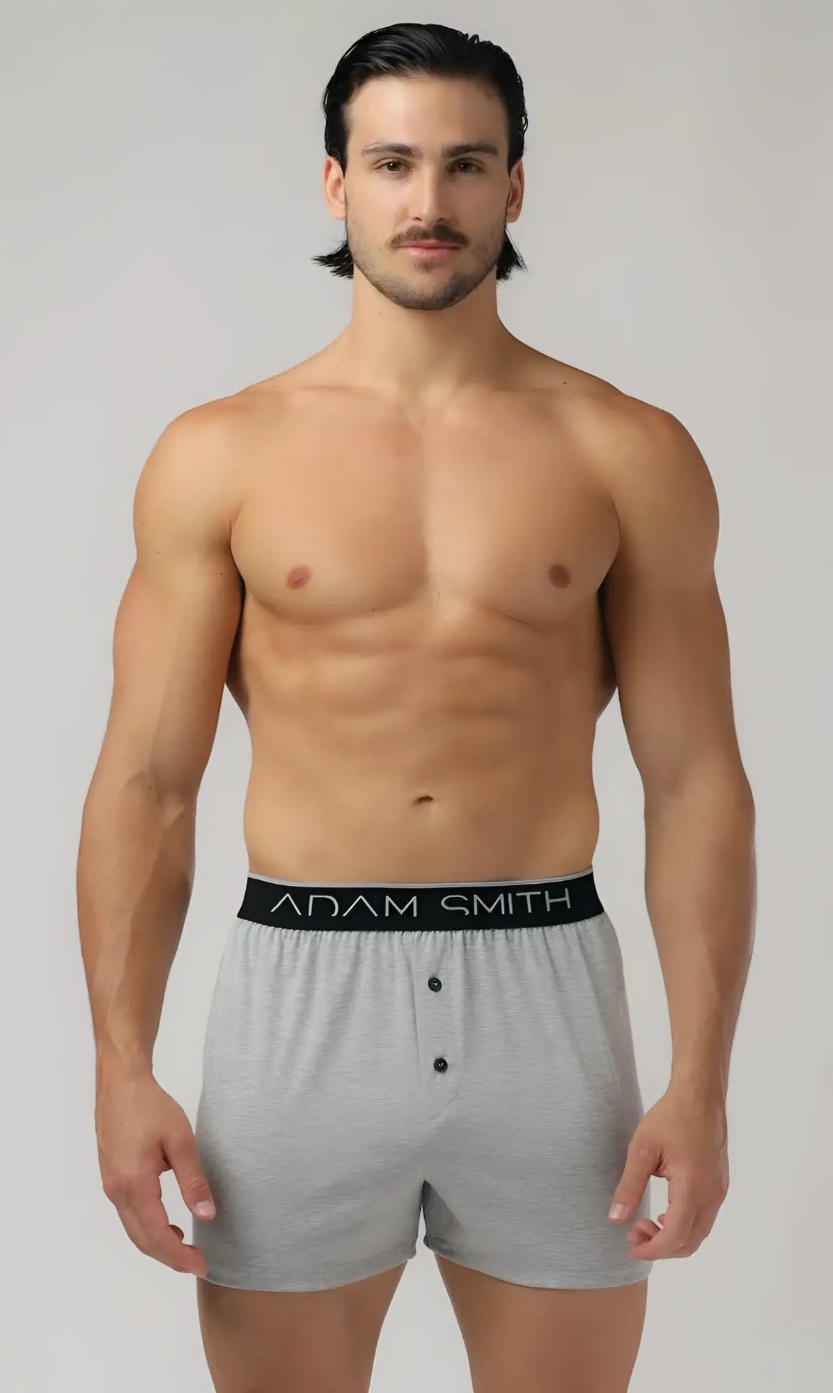 Basic boxer gray cotton boxer shorts with black adam smith waistband and three front buttons