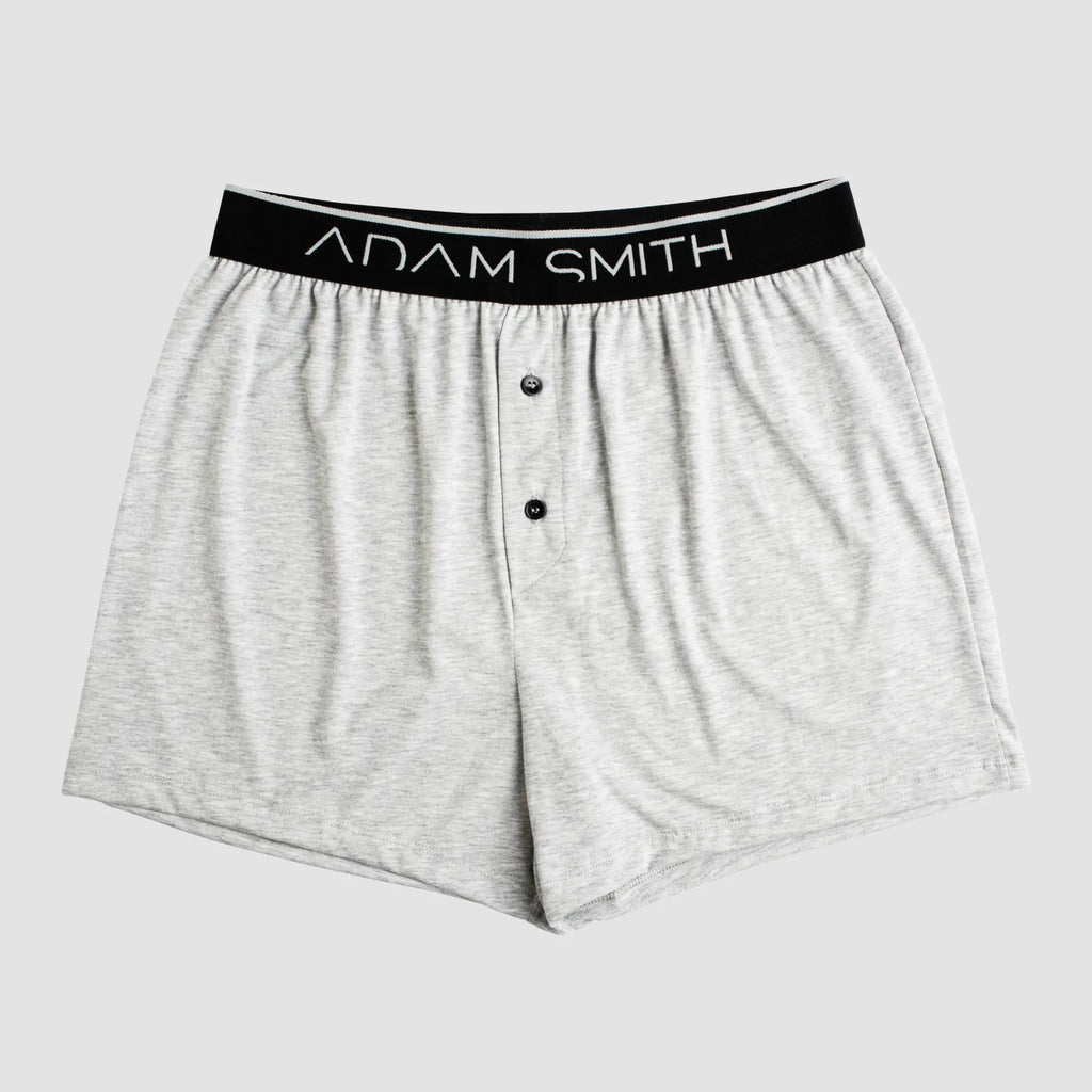 Basic boxer gray heathered cotton boxer shorts with black elastic waistband adam smith logo and two front buttons