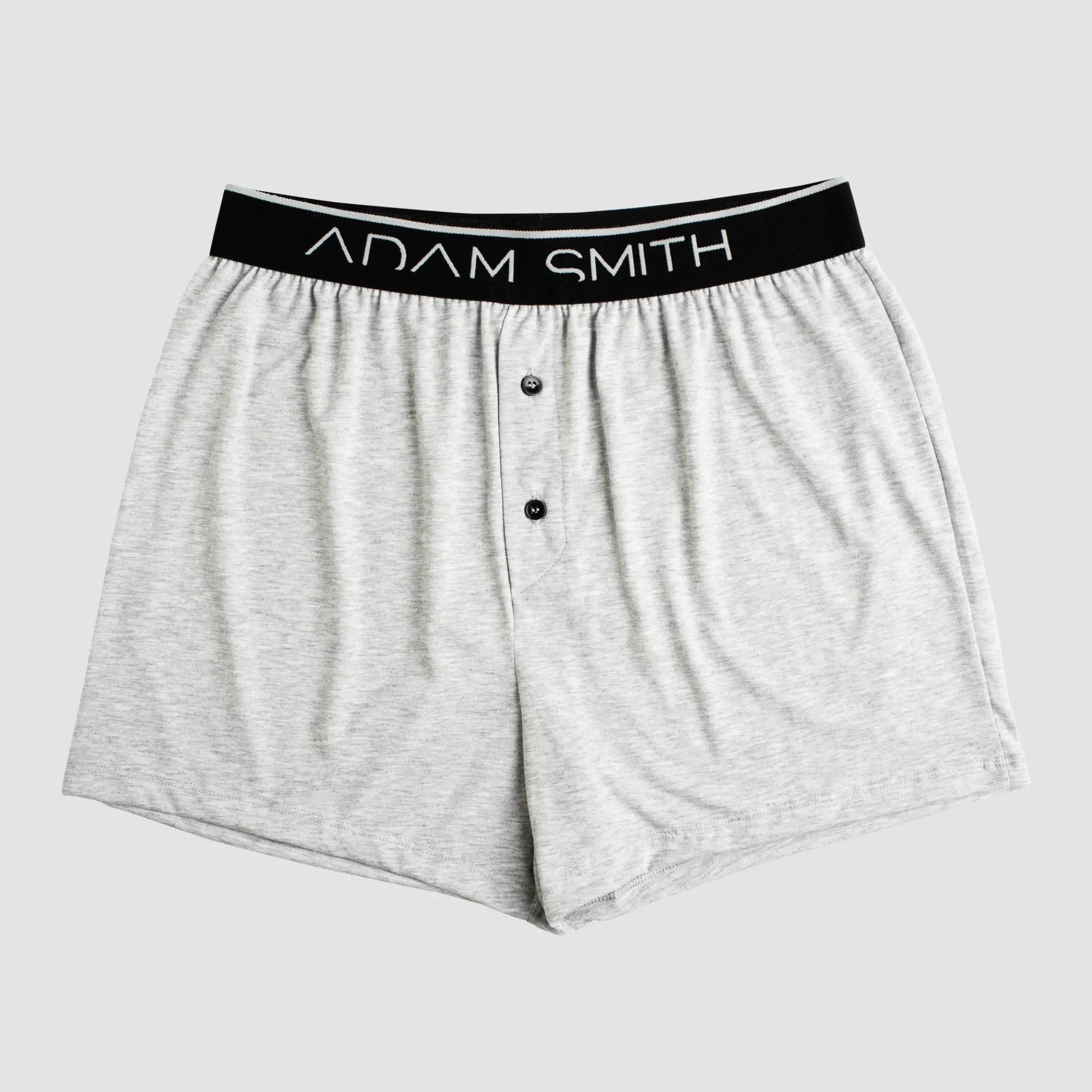 Basic boxer gray heathered cotton boxer shorts with black elastic waistband adam smith logo and two front buttons