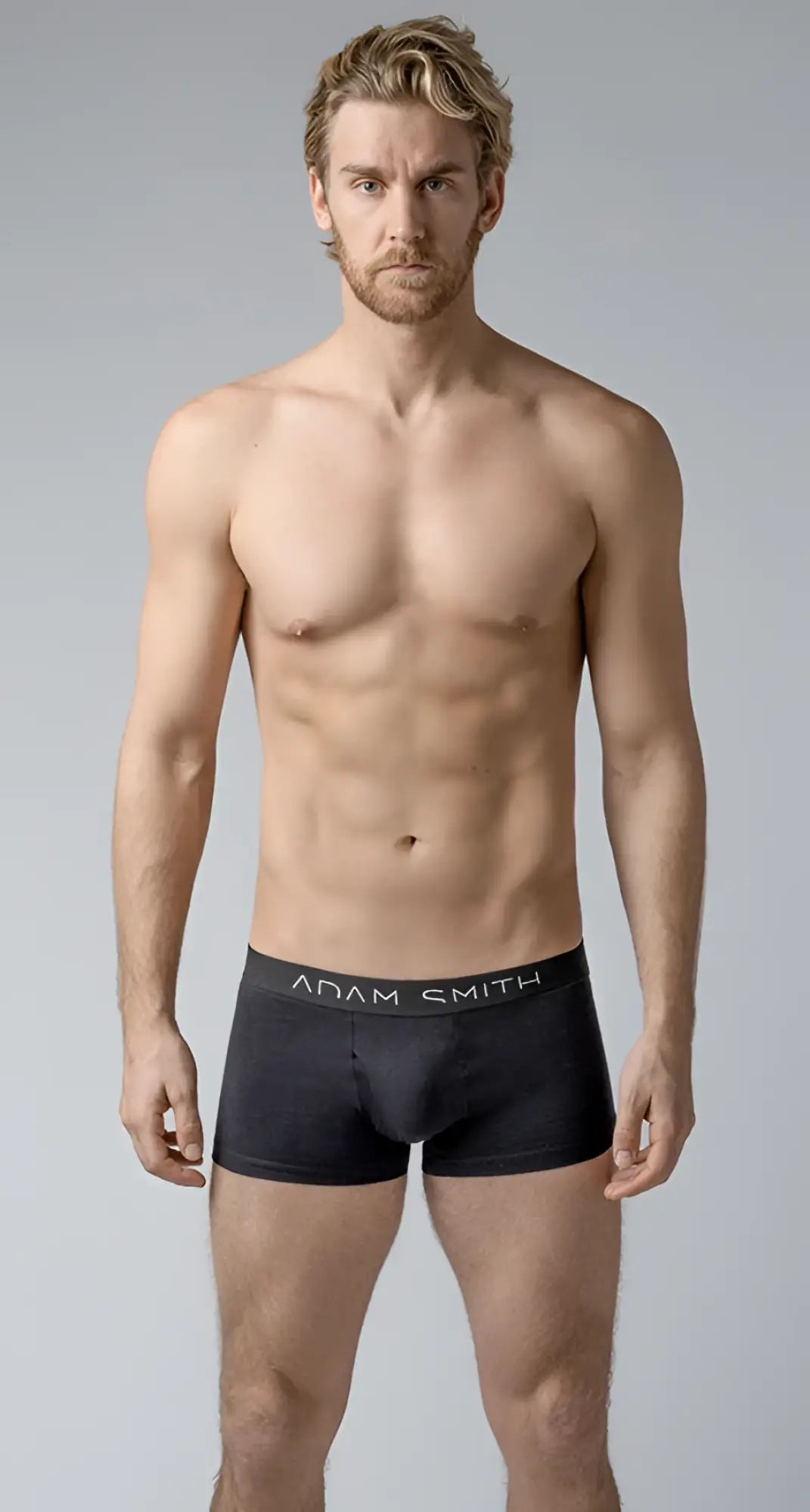 Basic boxer trunks black adam smith men’s briefs with subtle textured fabric and sleek modern design front view