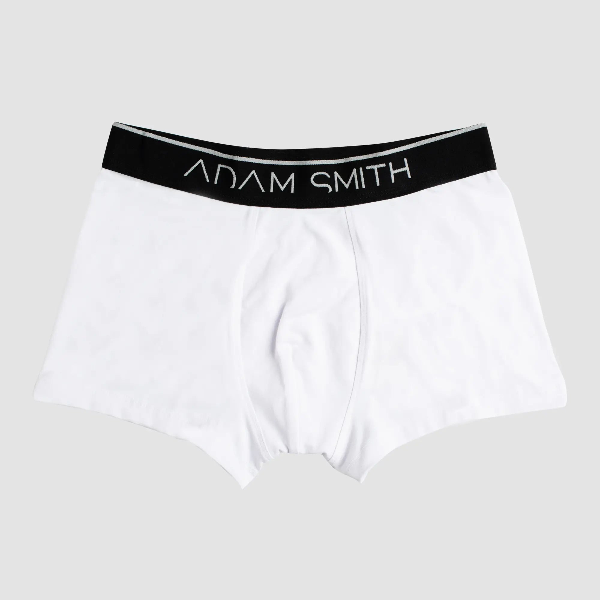 Basic boxer trunks white adam smith boxer briefs with black waistband and silver lettering for comfortable everyday wear