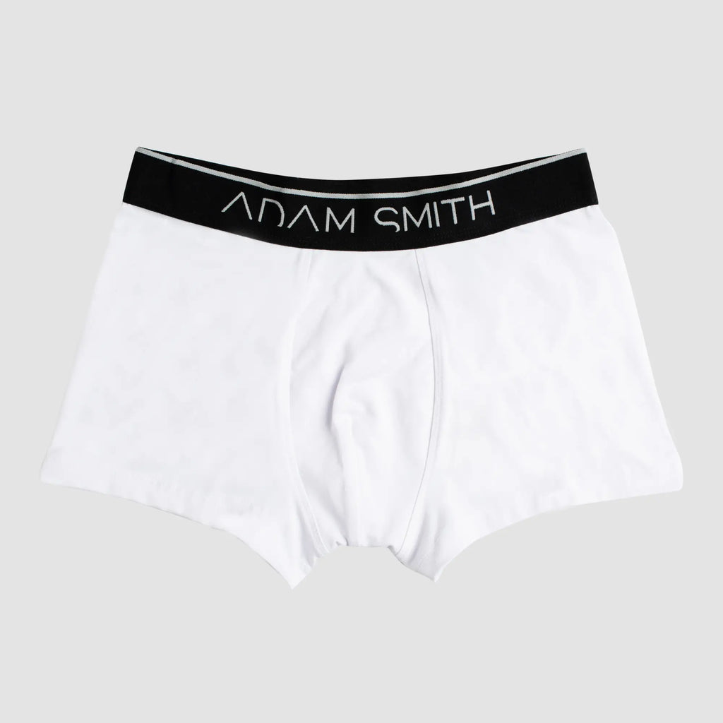 White adam smith boxer briefs with black waistband and silver lettering from basic trunks collection