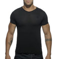 Basic v-neck t-shirt black short-sleeved crew neck design with subtle logo on left chest in soft cotton material