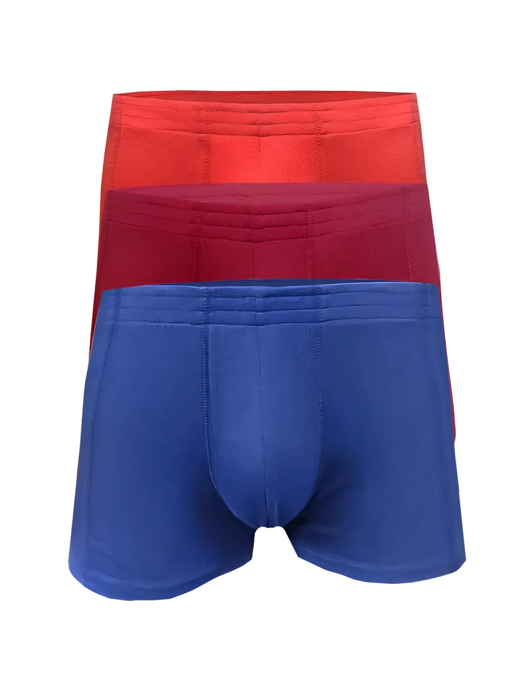 Set of three men’s boxer briefs in vibrant red maroon and royal blue from basics trunk 3-pack assorted colors