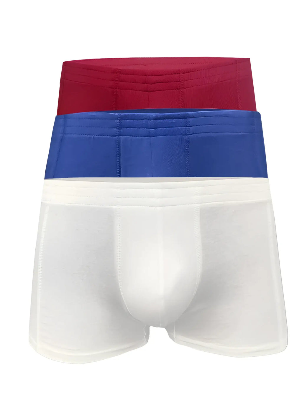 Set of three men’s basics trunk briefs in red blue and white made from soft breathable fabric for everyday comfort