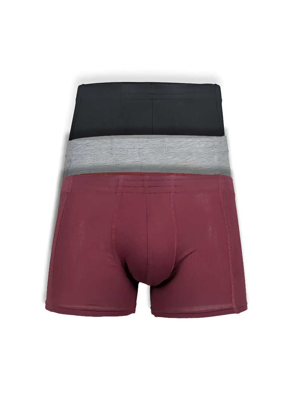 Three-pack of men’s basics trunk boxer briefs in black heather gray and maroon for everyday comfort