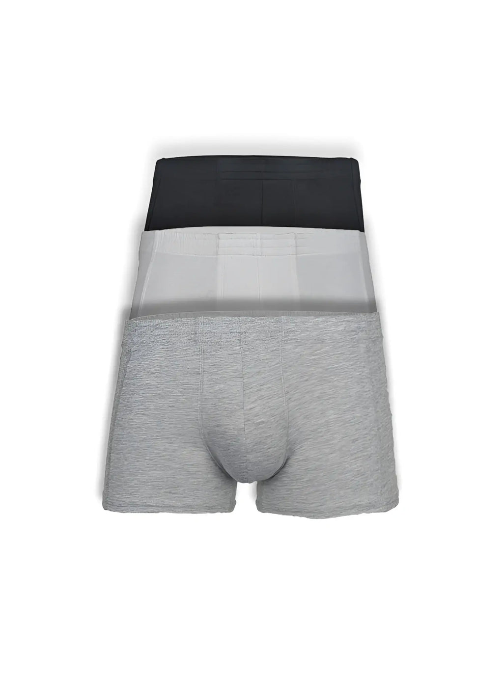 Three-pack of men’s boxer briefs in heather gray light gray and black with soft cotton blend fabric basics trunk pack