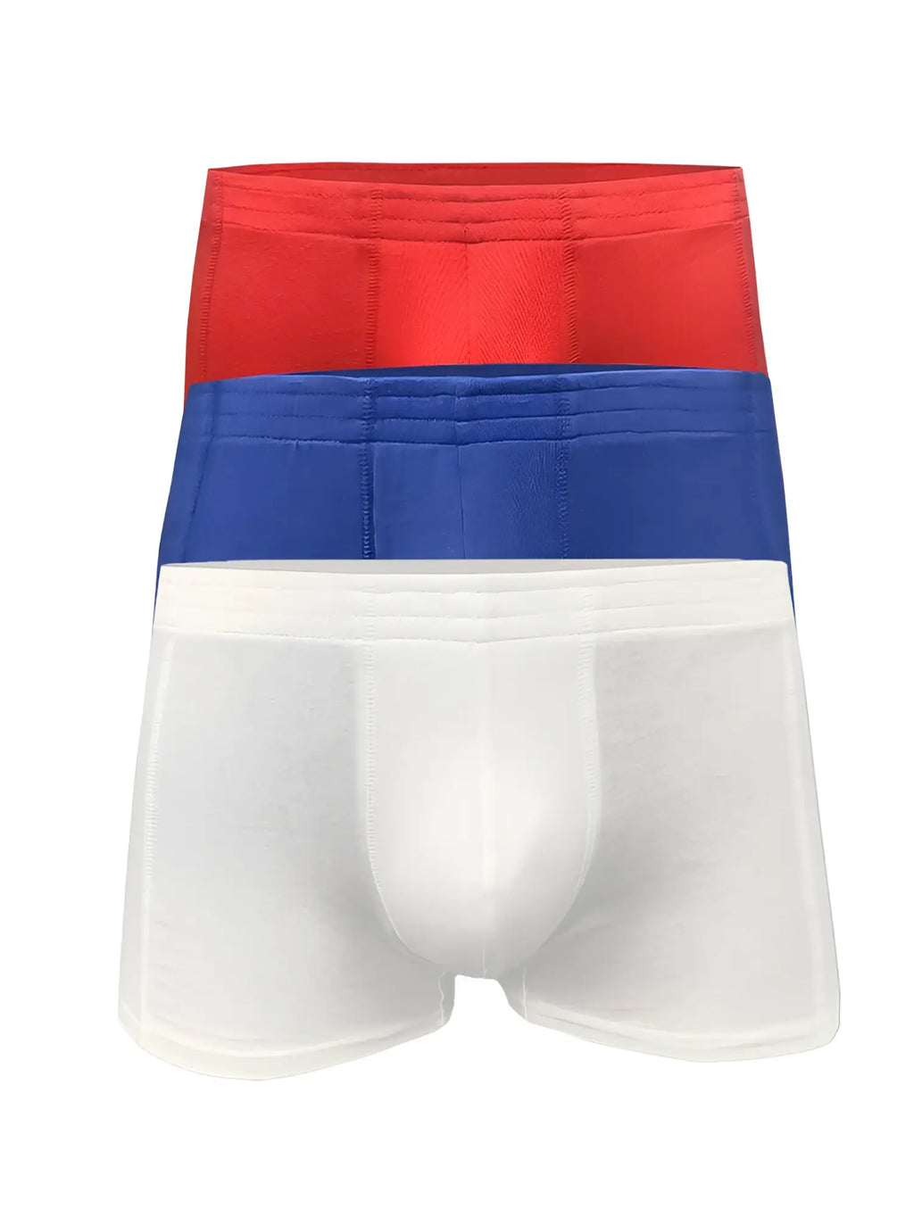 Basics trunk 3-pack of men’s boxer briefs in red blue and white with smooth fabric finish