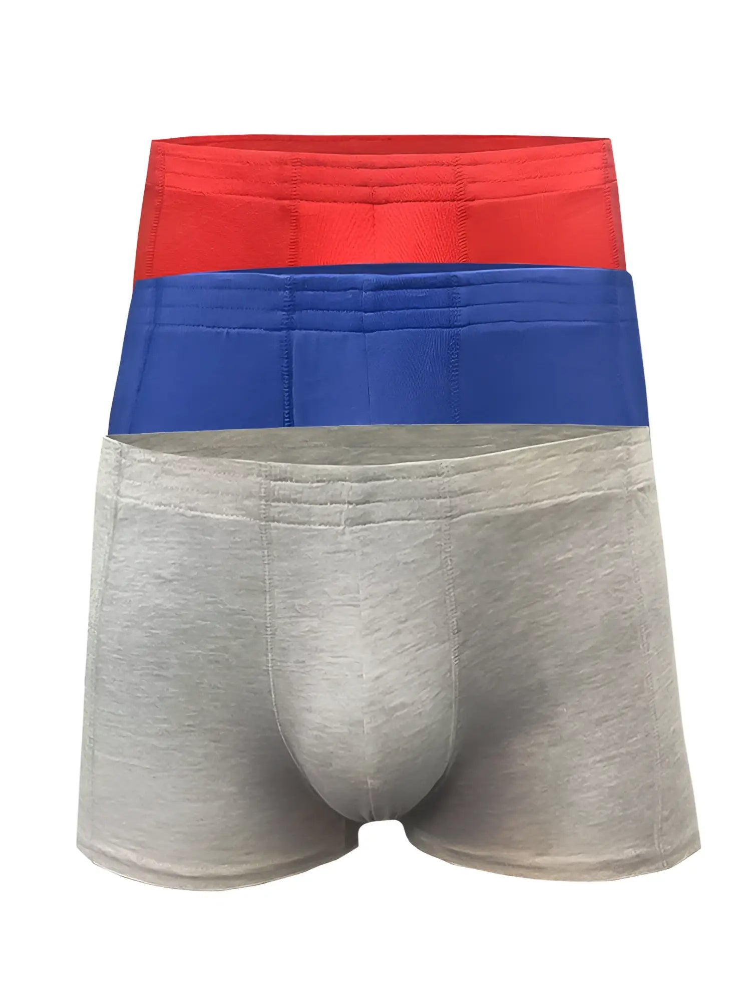Three-pack of men’s basics trunk boxer briefs in red blue and heather gray cotton for everyday comfort