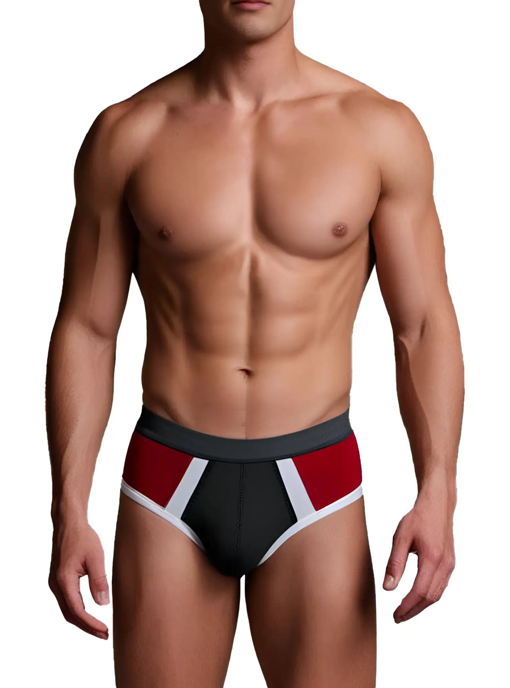 Basix comfort one brief black with bold red white geometric side panels and a contrasting gray waistband