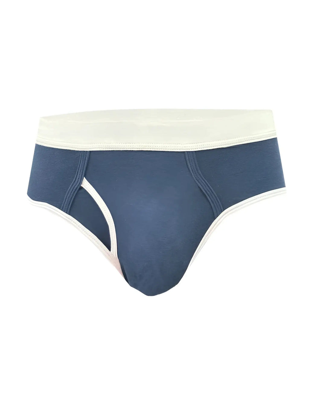 Navy blue basix comfort brief with cream-colored waistband and trim designed for all-day comfort