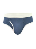 Navy blue basix comfort brief with cream-colored waistband and trim designed for all-day comfort