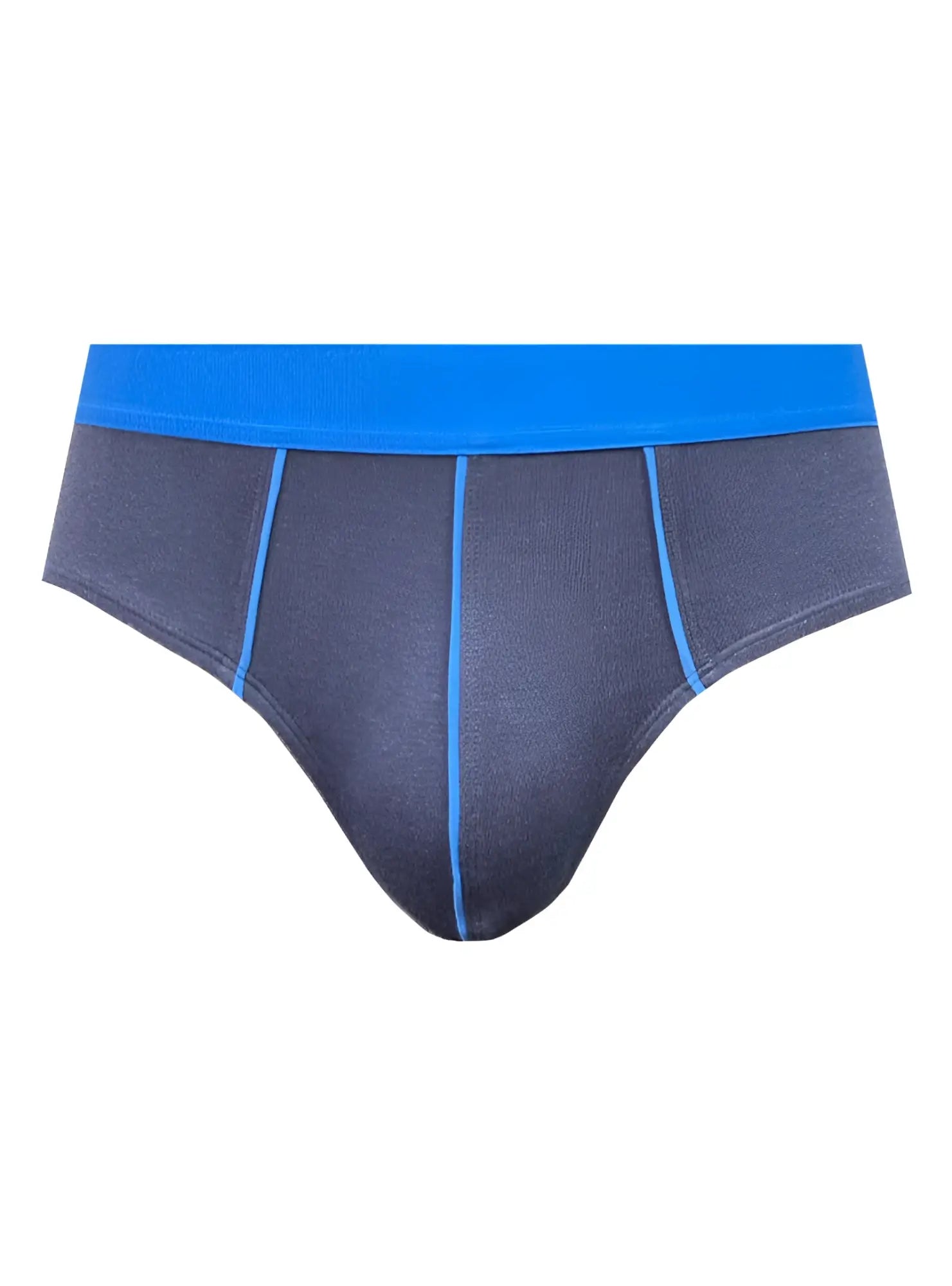 Dark gray basix comfort contrast brief with vibrant blue waistband and matching blue stitching along seams