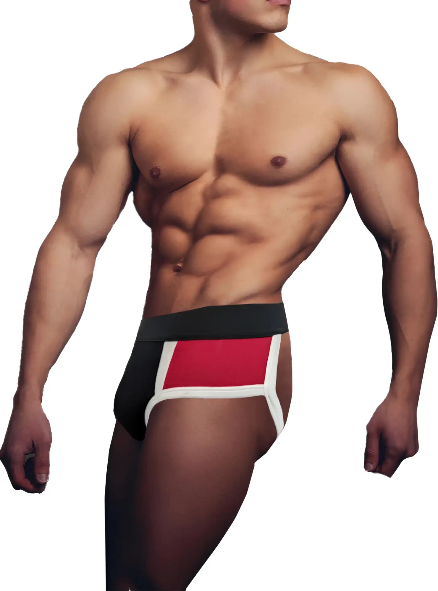 Basix comfort jock athletic briefs in black red and white with bold geometric design for support and comfort