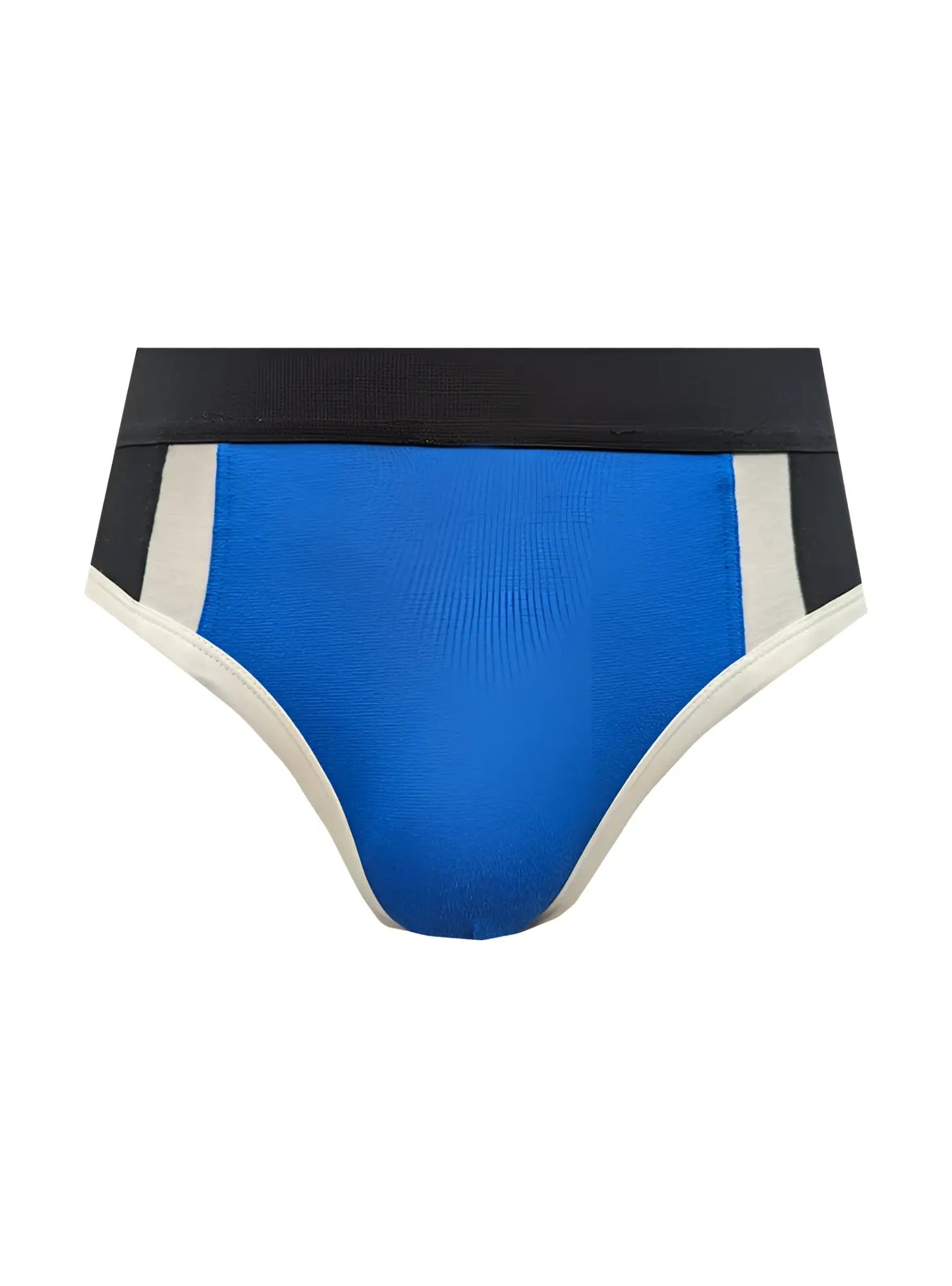 Blue athletic briefs basix comfort jock with black waistband and white side stripes designed for support and comfort