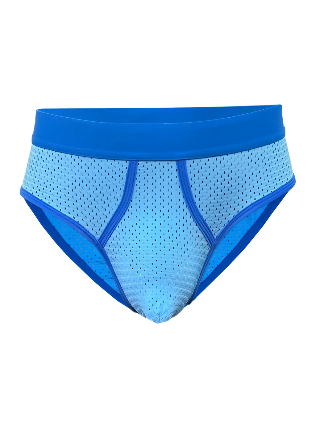 Blue basix comfort mesh briefs featuring a breathable mesh fabric with solid blue waistband and trim