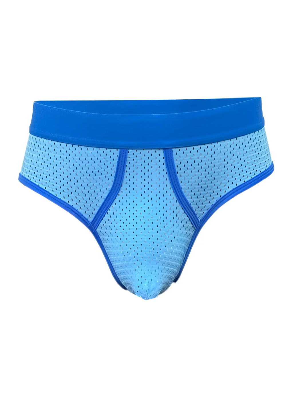 Blue mesh briefs with solid blue waistband and trim from basix comfort mesh brief collection