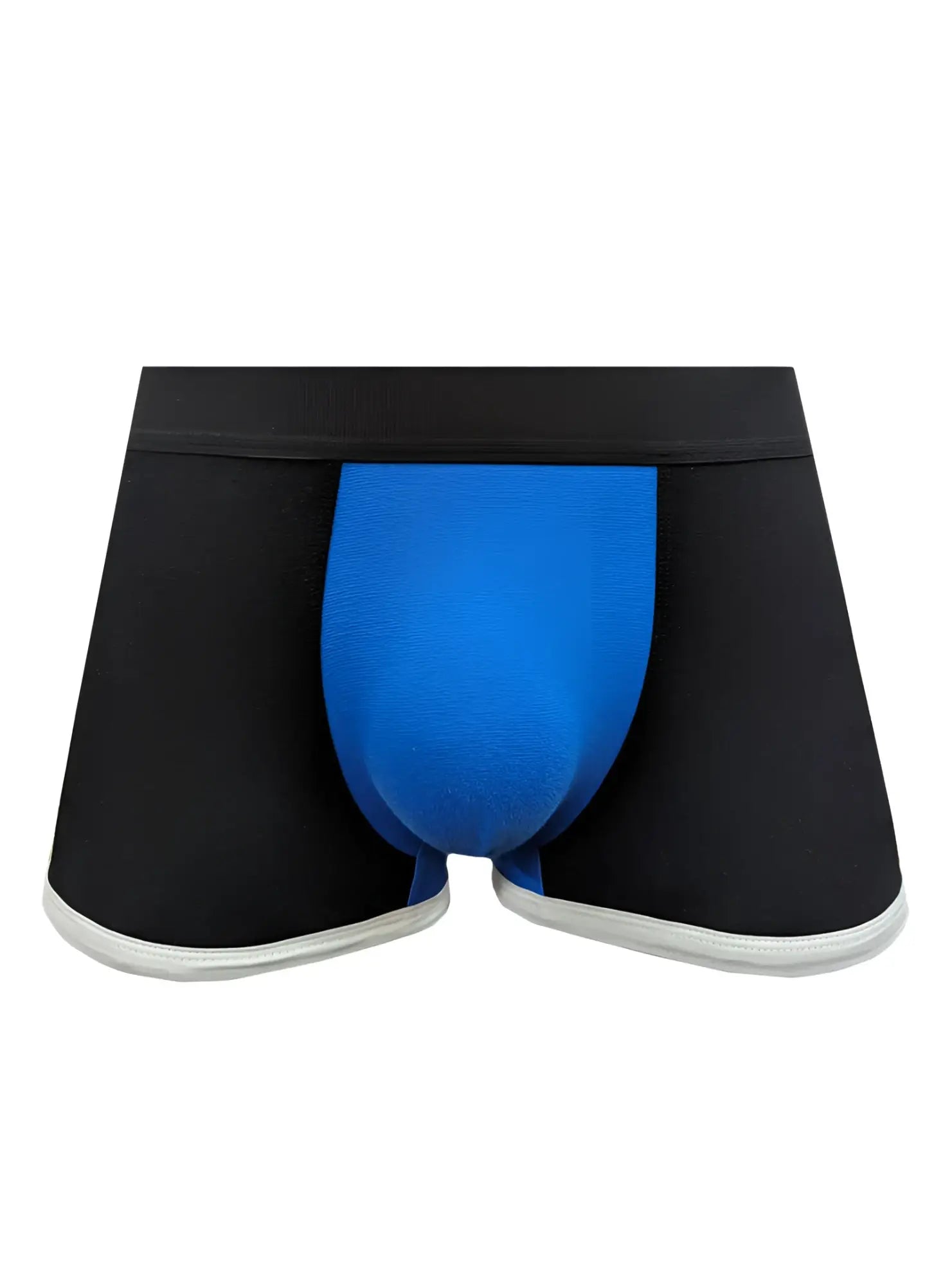 Basix Comfort one trunk black and blue boxer briefs with bright blue front panel and white trim on leg openings
