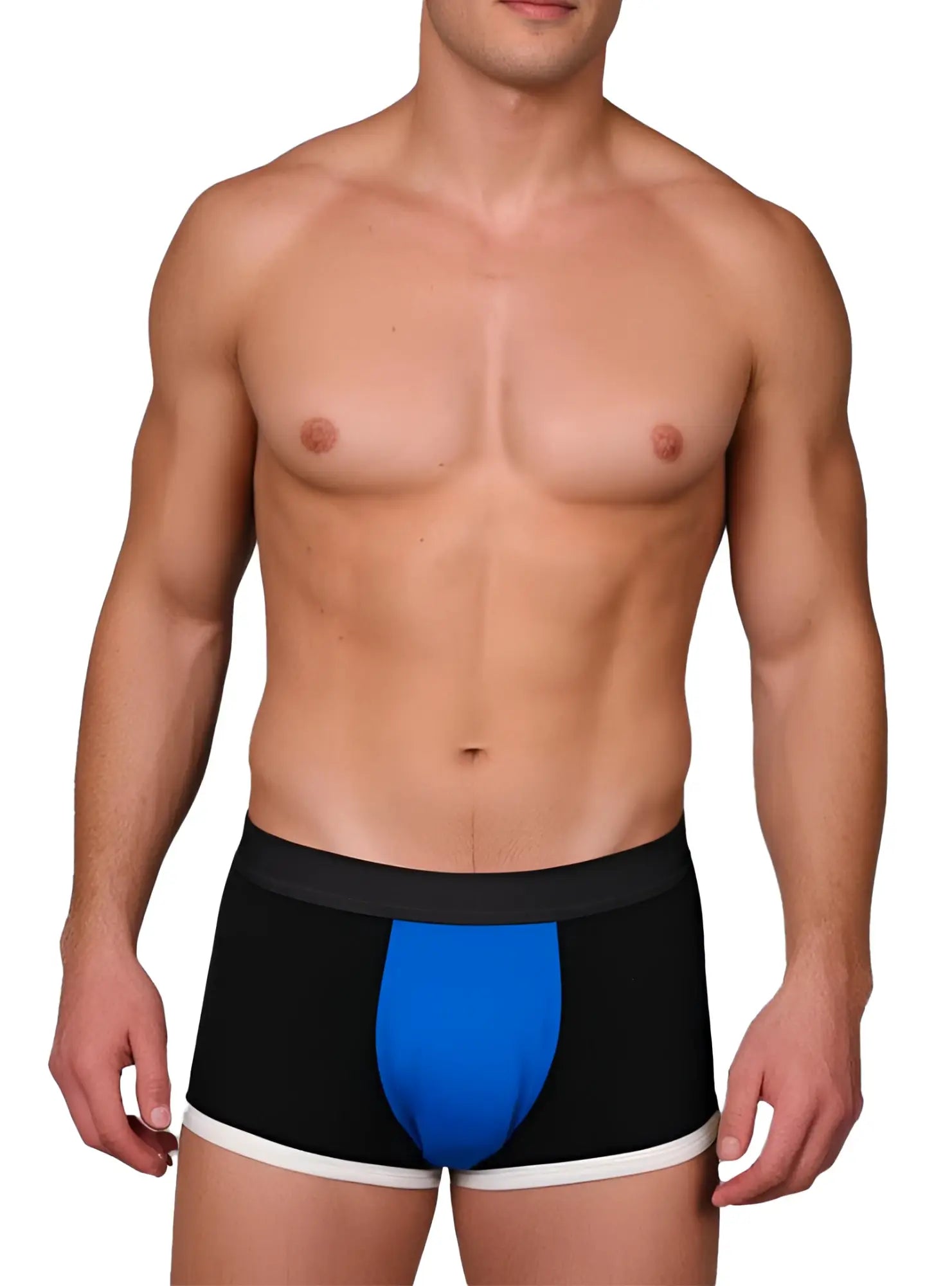 Basix Comfort One Trunk black briefs with a bold blue panel and white trim designed for everyday comfort