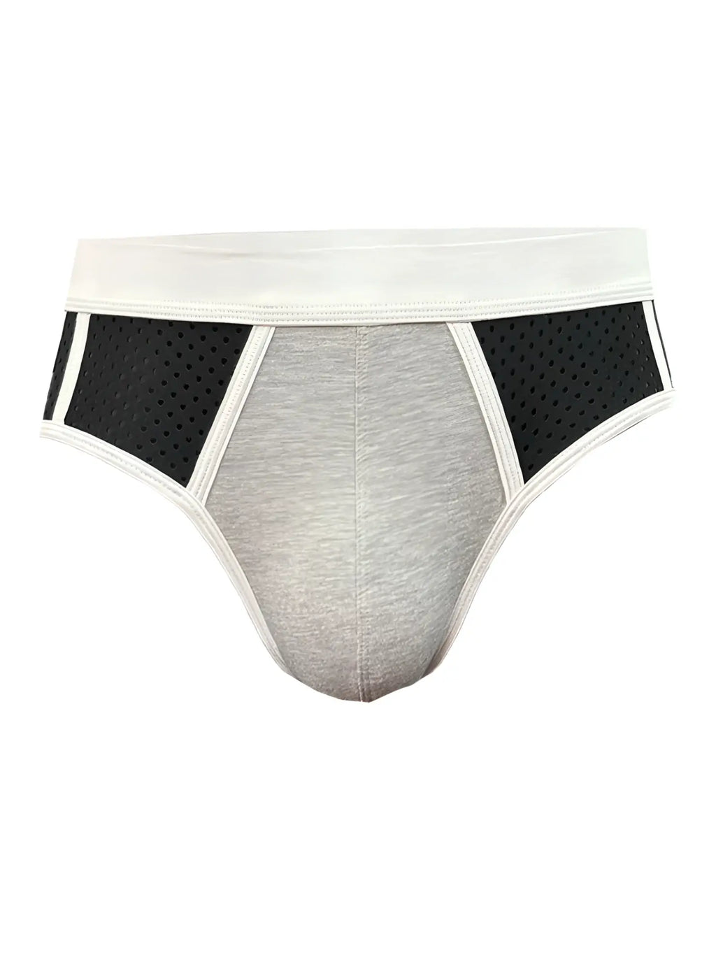 Basix Sport’s gray and black athletic briefs with white trim and perforated mesh side panels for breathability