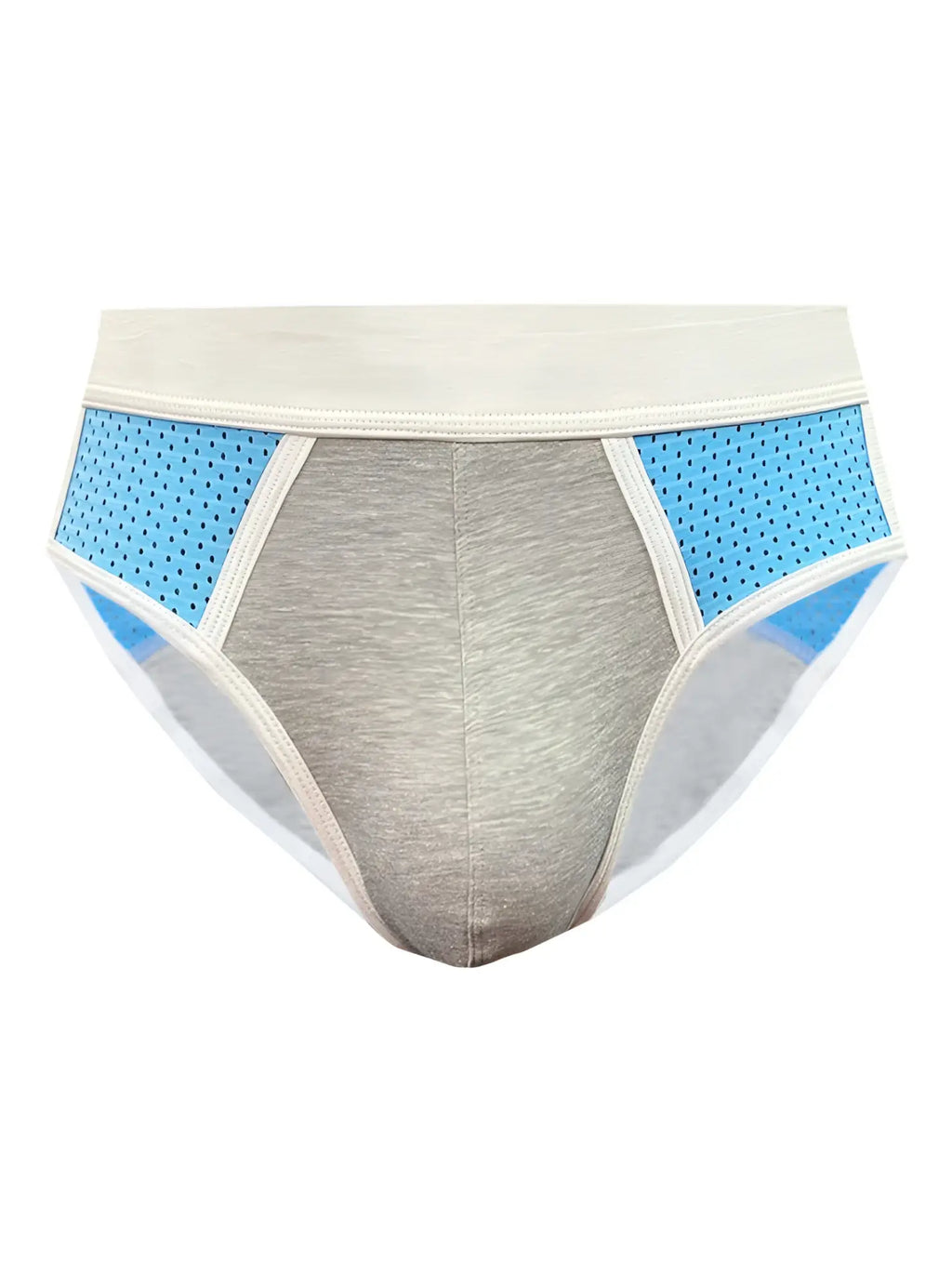 Basix Sport’s gray and light blue athletic briefs with perforated side panels for breathability and comfort