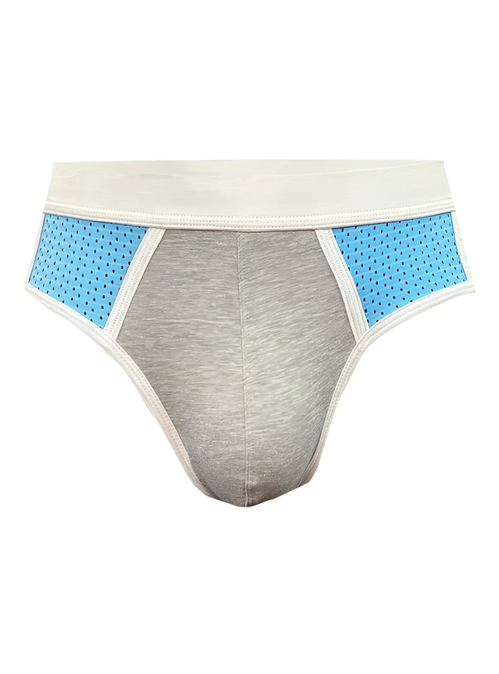 Gray and light blue basix sport’s athletic briefs with perforated side panels for breathability