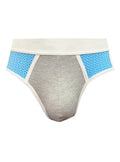 Gray and light blue basix sport’s athletic briefs with perforated side panels for breathability
