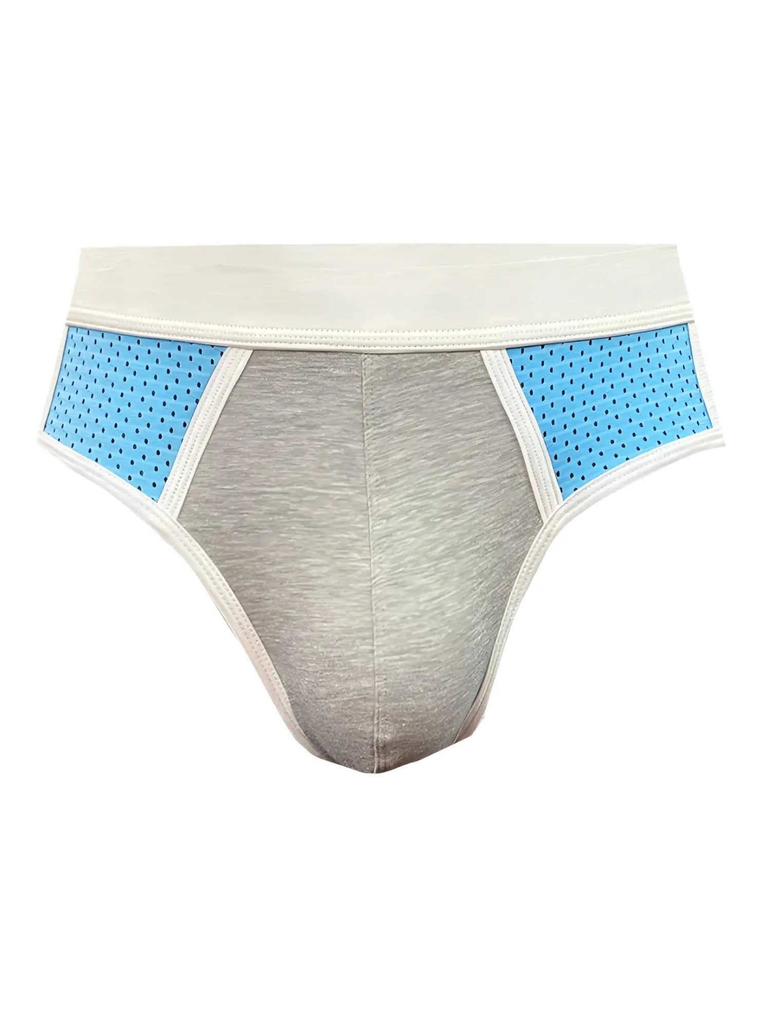 Gray and light blue basix sport’s athletic briefs with perforated side panels for breathability