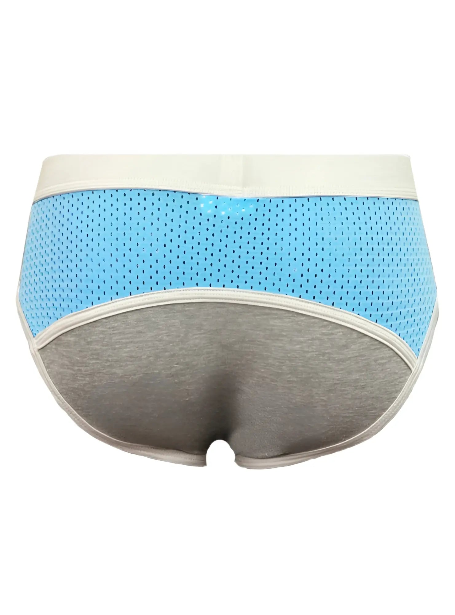 Basix Sports light blue and gray athletic briefs with breathable mesh front panel and cream elastic waistband
