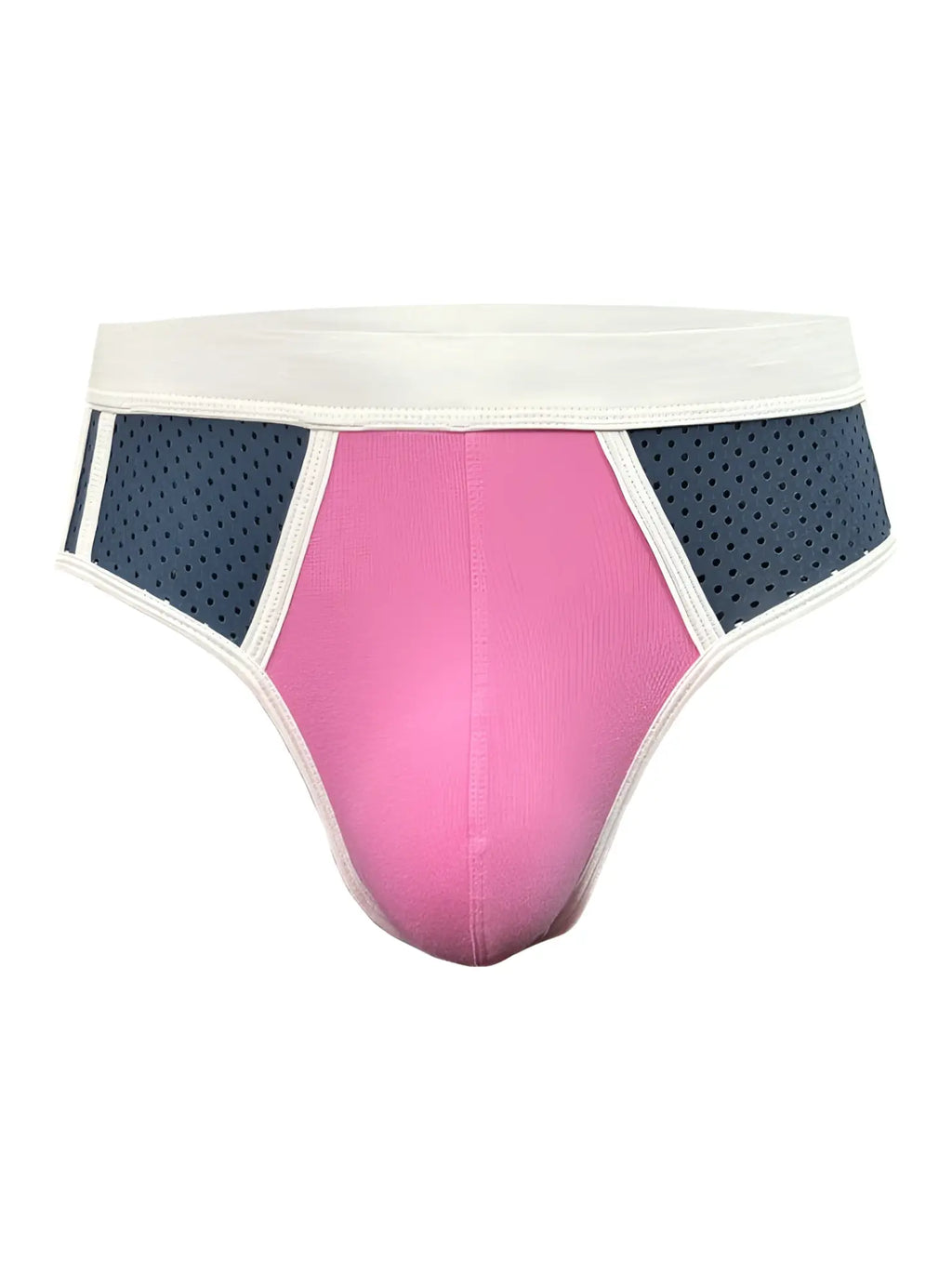 Pink and navy blue basix sports briefs with white elastic waistband for athletic use