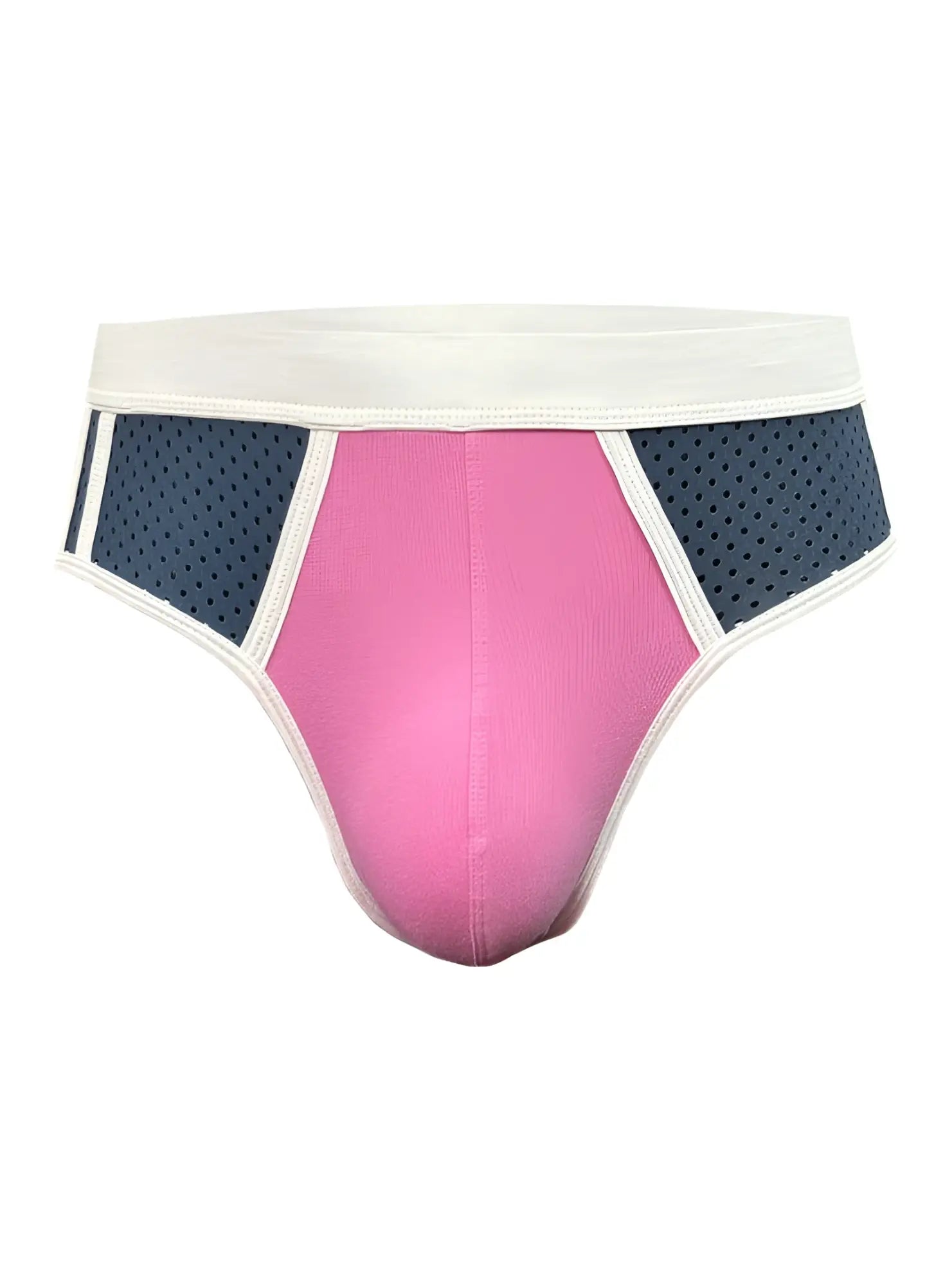 Pink and navy blue basix sports briefs with white elastic waistband for athletic use