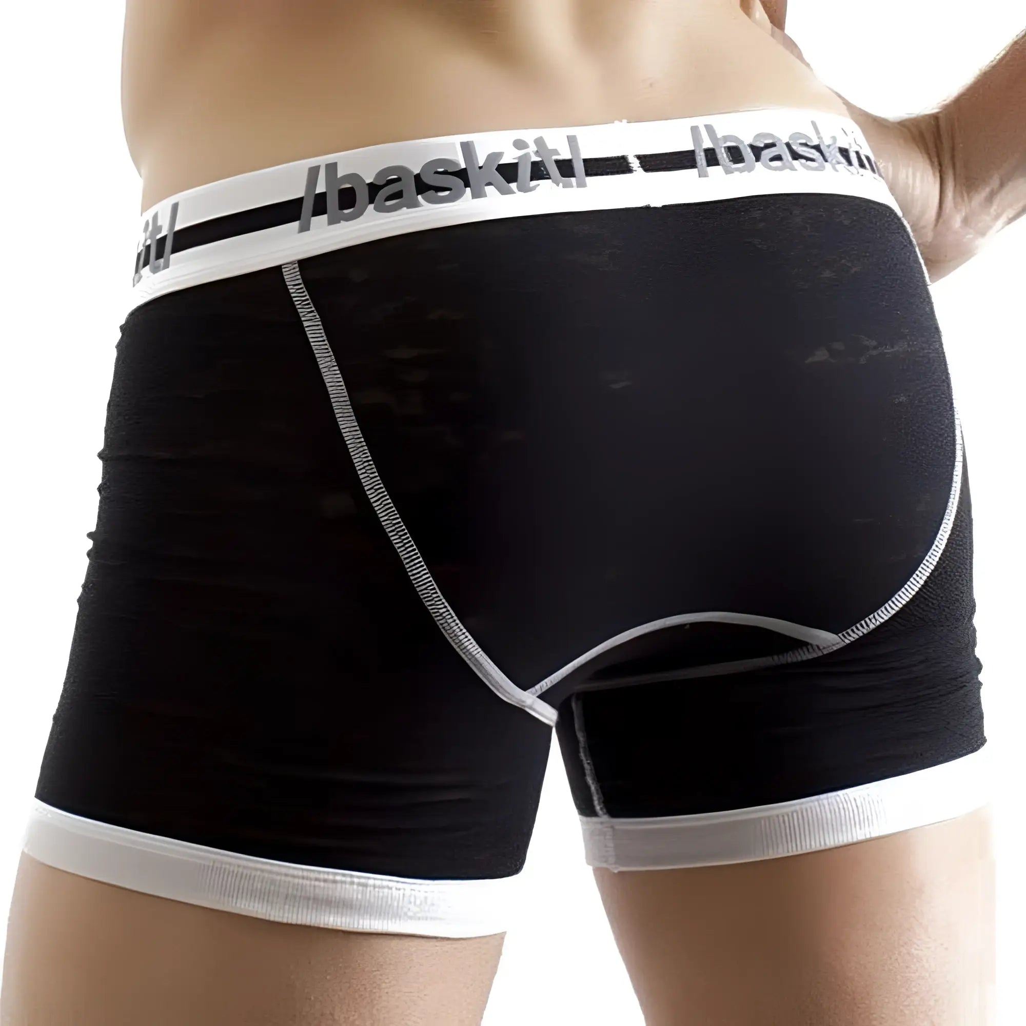 Black Baskit 6336321 burnout boxer brief with white elastic waistband and leg bands featuring a subtle texture