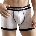 White and gray camouflage burnout boxer briefs with black elastic waistband and baskit logo for comfortable wear