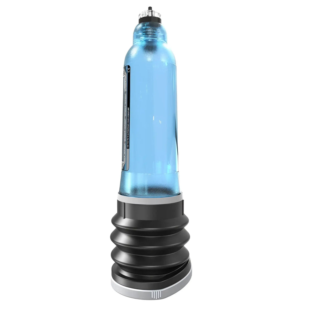 Blue transparent Bathmate Hydromax penis pump with black ribbed base silver accents and label on its side