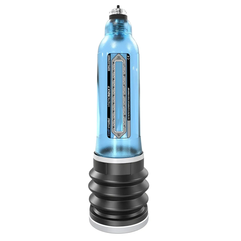 Blue transparent cylindrical bathmate hydromax penis pump with black silver accents labeled hydromax 7 on side