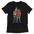 Black short-sleeved cotton t-shirt with colorful graphic of two muscular muppet characters titled bathtub buddies