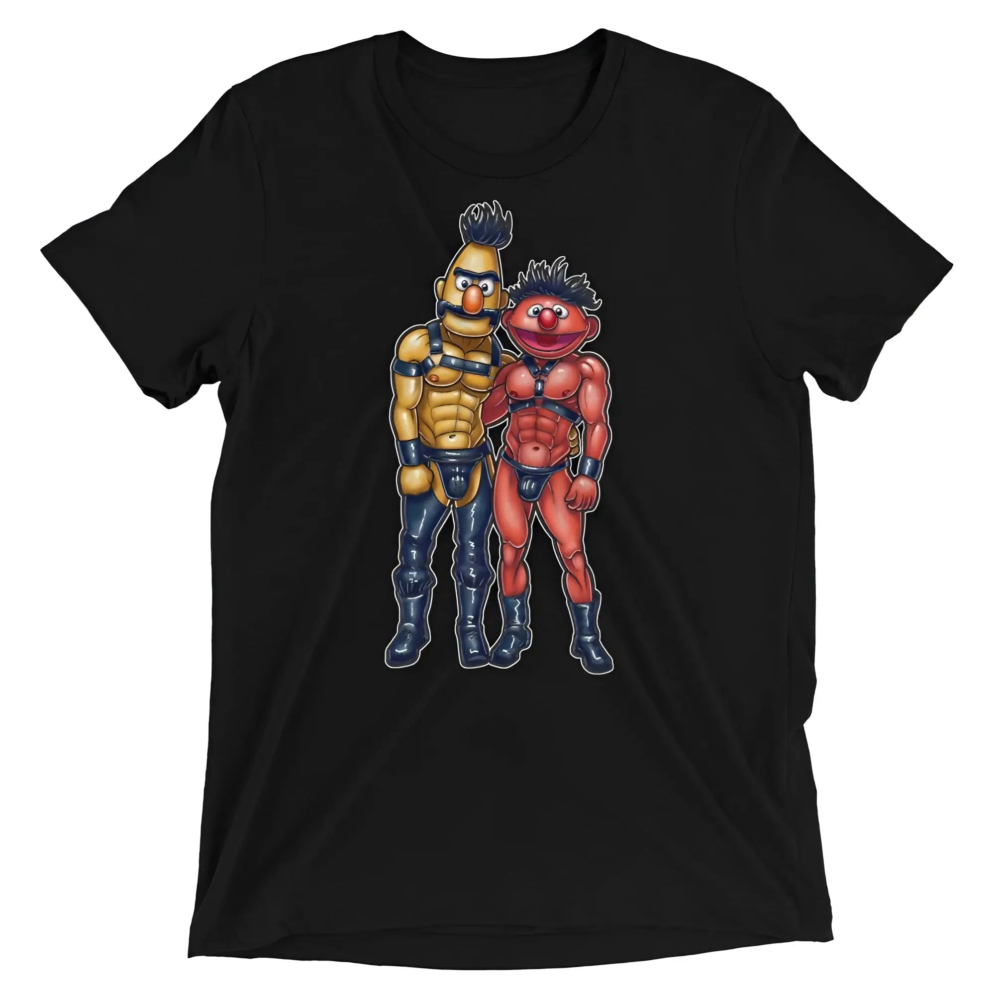 Black short-sleeved cotton t-shirt with colorful graphic of two muscular muppet characters titled bathtub buddies