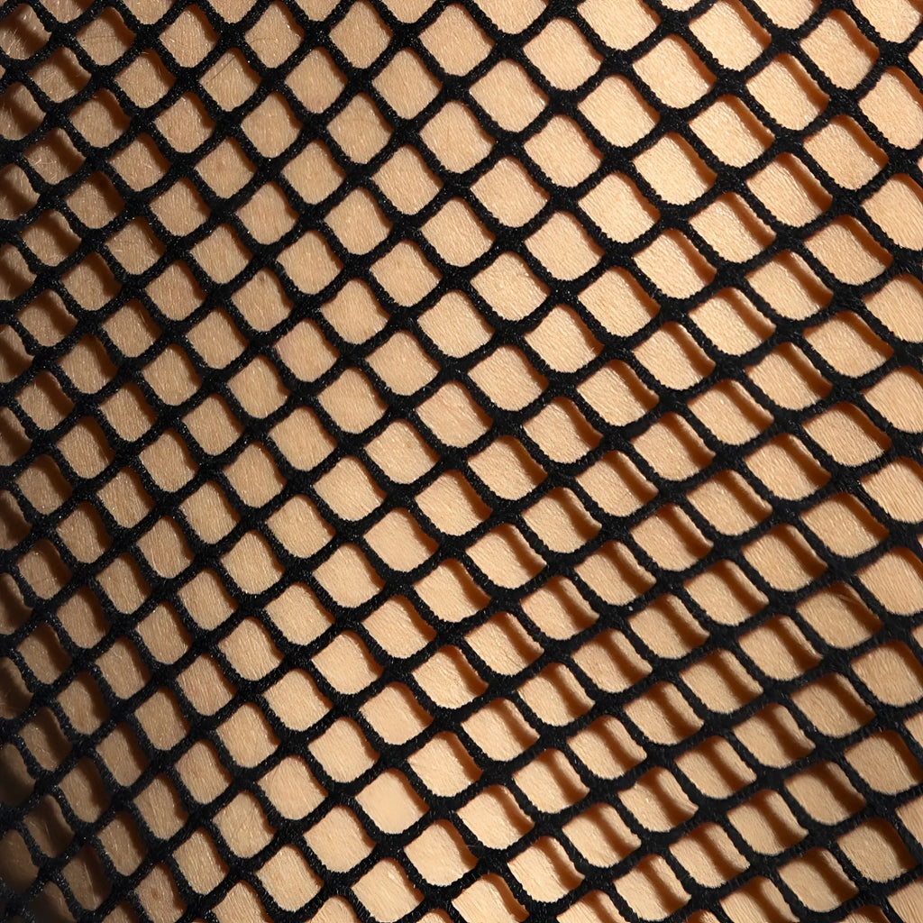 Black fishnet fabric with diamond mesh pattern highlighting the beachy net strap tank top material and design