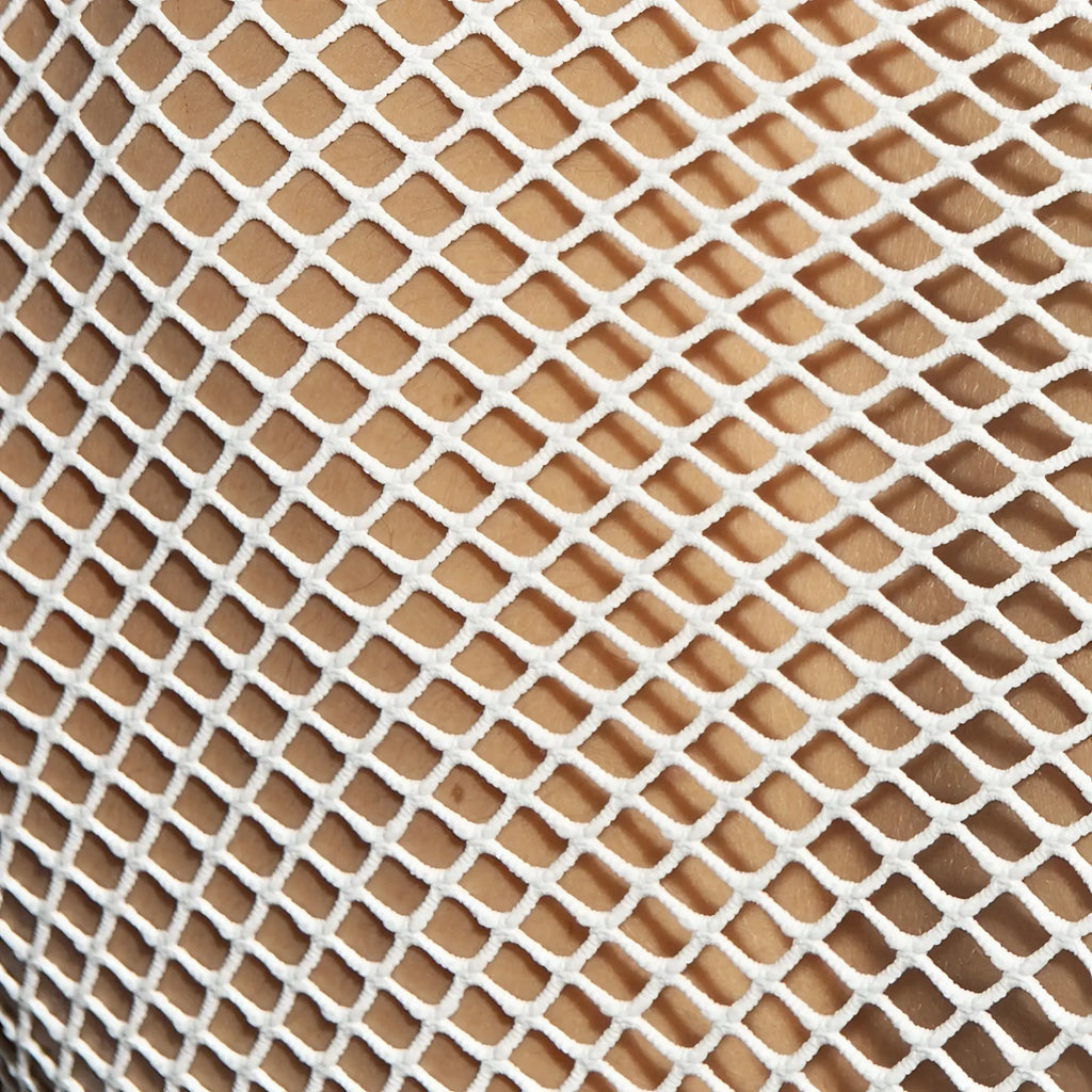 White mesh fabric with a diamond-shaped pattern on the beachy net strap tank top