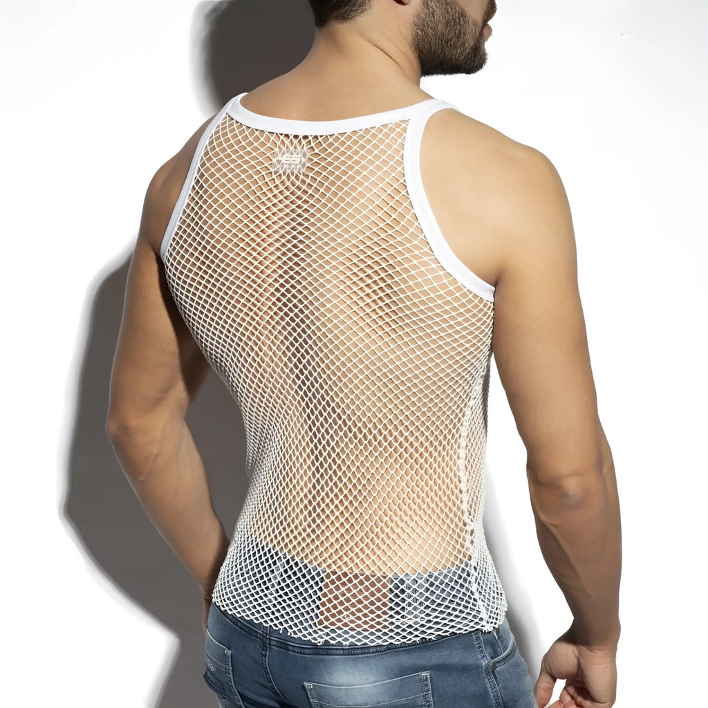 White mesh beachy net strap tank top with white trim and small logo at the neckline