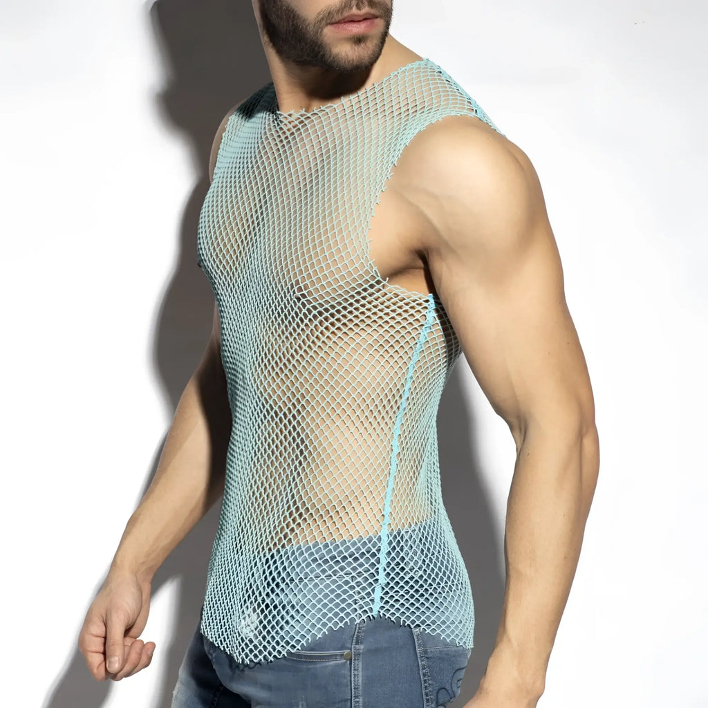 Light blue mesh beachy net tank top with fitted sleeveless design perfect for casual summer wear