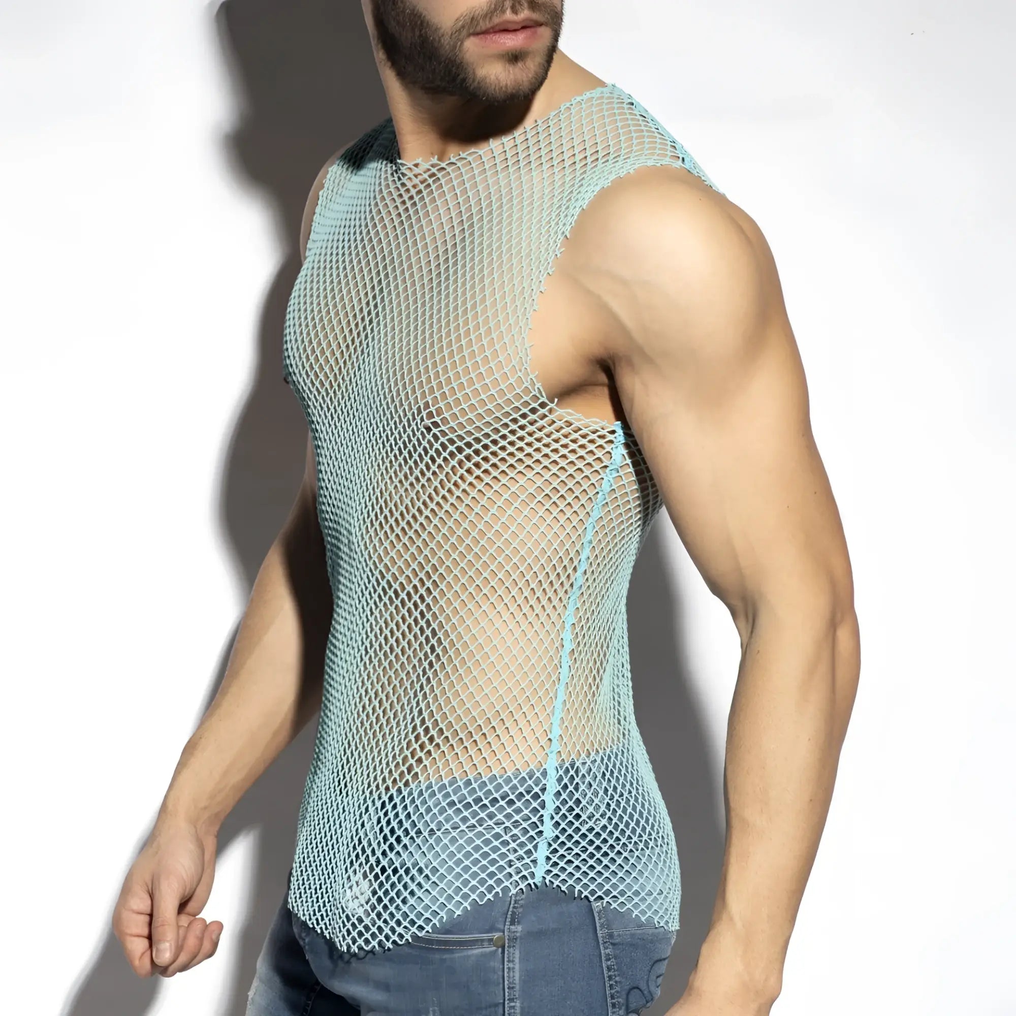 Light blue mesh beachy net tank top with fitted sleeveless design perfect for casual summer wear