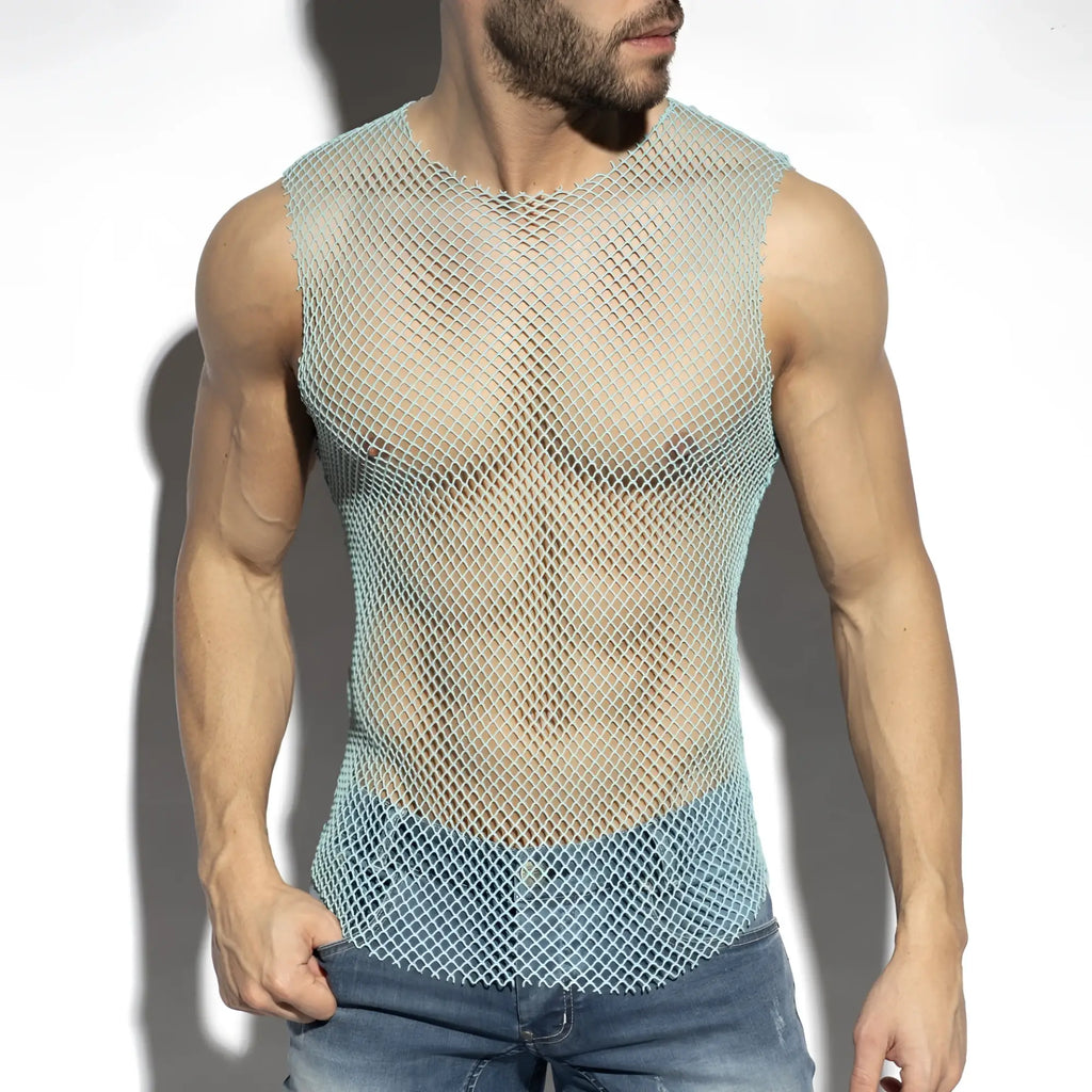 Light blue mesh sleeveless beachy net tank top with round neckline and scalloped hem for casual wear