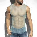 Light blue mesh sleeveless beachy net tank top with round neckline and scalloped hem for casual wear