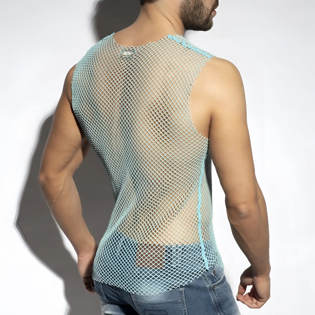 Light blue mesh beachy net tank top with subtle sheen and reinforced shoulder seams for casual wear