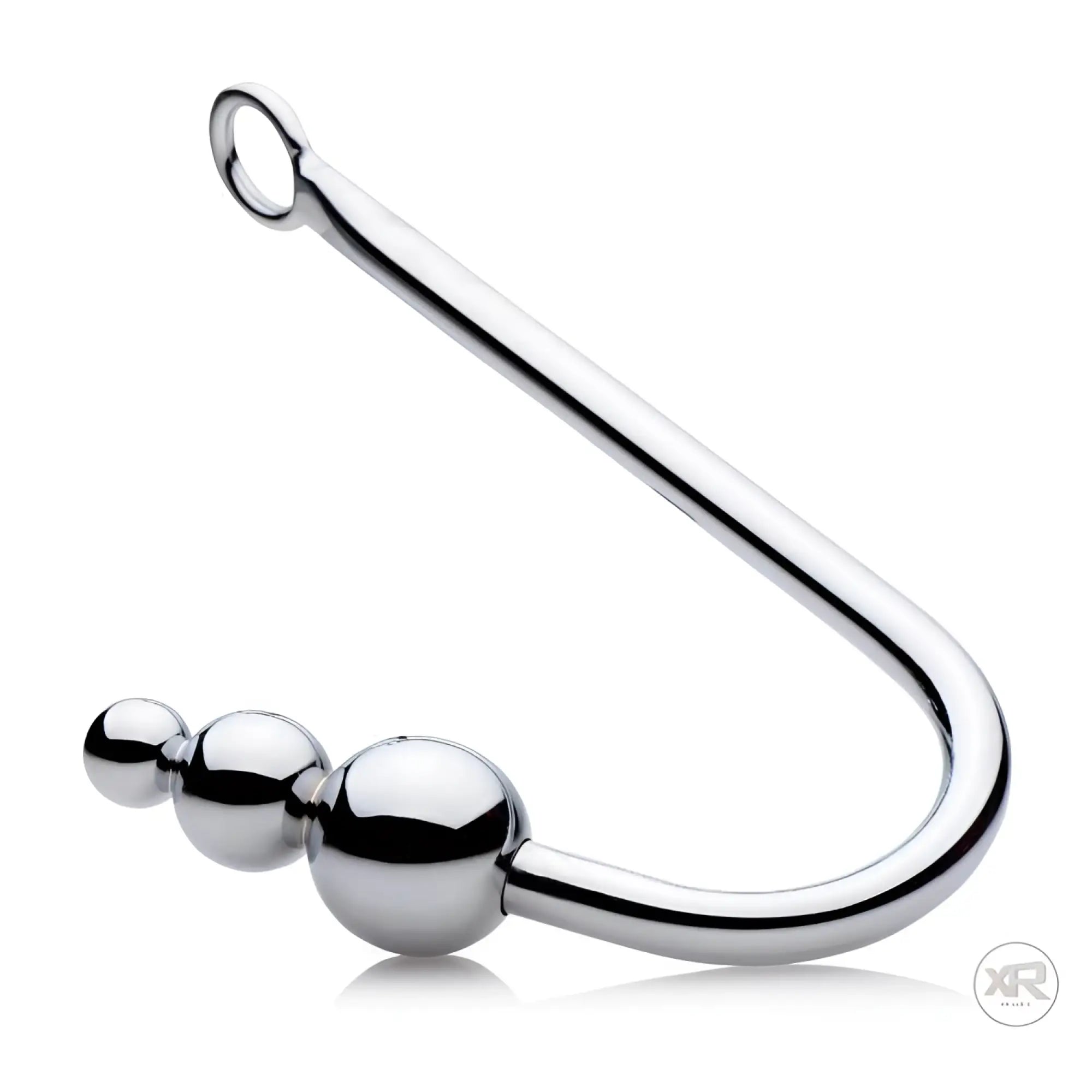 Silver metallic u-shaped beaded anal hook with three polished spherical beads along its curved shaft