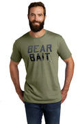 Olive green tri-blend short-sleeved t-shirt with bear bait printed in bold black letters on the chest