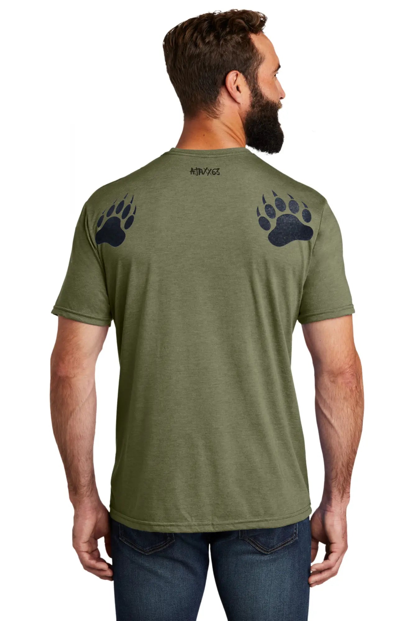 Olive green bear bait tri-blend short-sleeved t-shirt with black paw print graphics on each shoulder